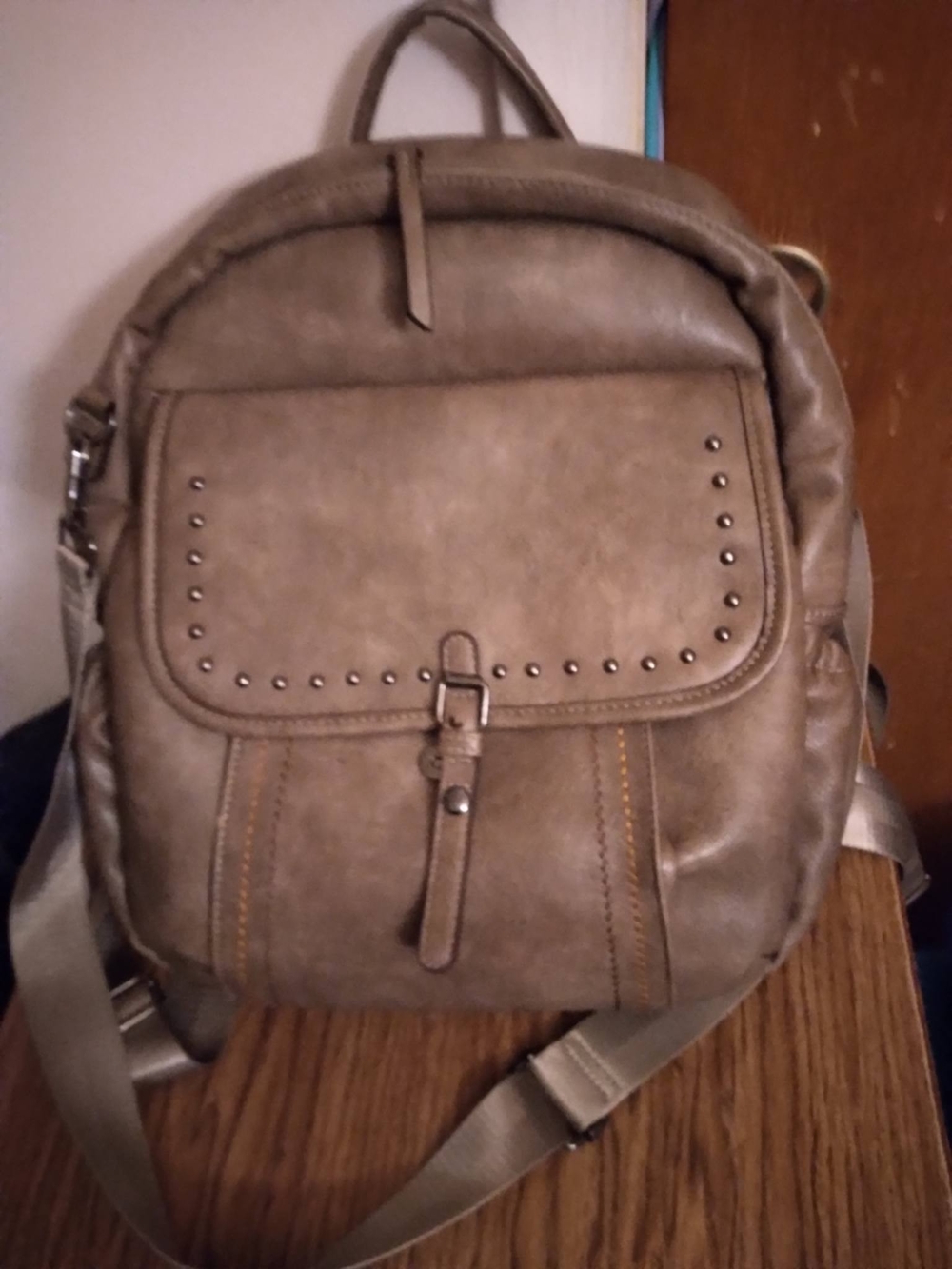 Excellent Backpack Purse Leather-Style Taupe Backpack with Studded Front P